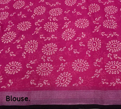 Soft Linen Saree with Pink Contrast Prints & Zari Woven Black Pattu Border